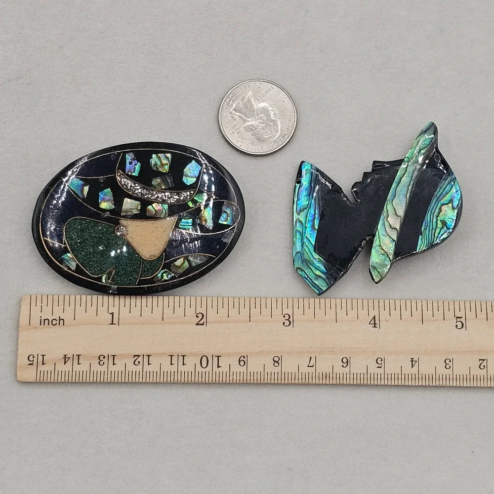 Vintage Abalone Shell Inlay Brooch Pin Set Lady in Hat Silhouette Mosaic Art